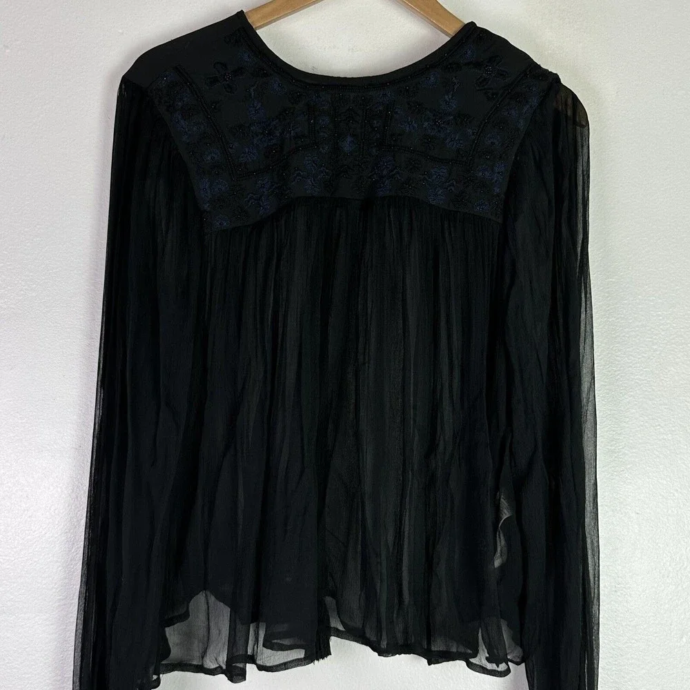 Free People Sheer Black Long-Sleeve Tassel Blouse